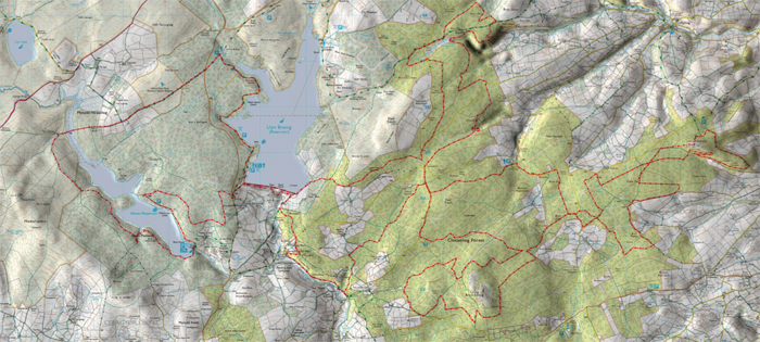 Map of Hiraethog 50:50 Course showing Llyn Alwen, Brenig and Clocaenog Forest